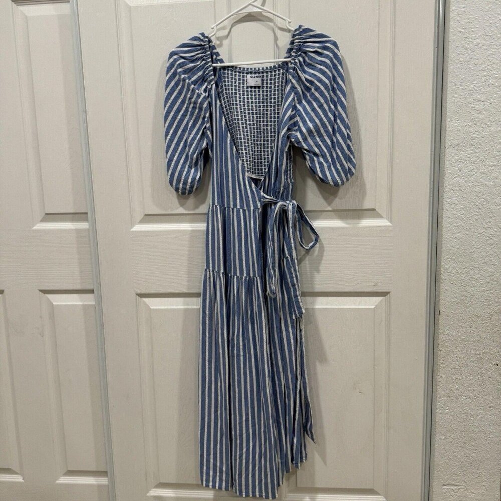 Old Navy Wrap Midi Dress Size XS Puff Sleeve Smocked Back Stripes Blue & White